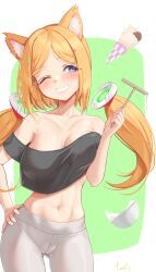 Rule 34 | 1girl, absurdres, aki rosenthal, animal ears, bare shoulders, black shirt, blonde hair, blue eyes, blush, breast hold, breasts, cameltoe, cat ears, cleavage, collarbone, contrapposto, cowboy shot, crop top, detached hair, food, gluteal fold, green background, grin, hand on own hip, hand up, harry (dudwofla), head tilt, highres, hololive, kemonomimi mode, large breasts, linea alba, low twintails, midriff, off-shoulder shirt, off shoulder, one eye closed, pants, parted bangs, shirt, simple background, smile, solo, straight-on, tight clothes, tight pants, twintails, unaligned breasts, virtual youtuber, white pants, yoga pants