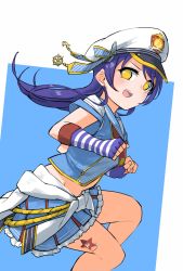 Rule 34 | 1girl, blue gloves, blue hair, blush, clothes around waist, commentary request, dress, feet out of frame, fingerless gloves, gloves, goe (g-o-e), hair between eyes, hat, highres, jacket, jacket around waist, long hair, looking at viewer, love live!, love live! school idol festival, love live! school idol project, neckerchief, open mouth, pleated skirt, sailor collar, sailor dress, short sleeves, simple background, skirt, smile, sonoda umi, striped clothes, striped gloves, yellow eyes