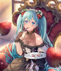 Rule 34 | 1girl, black dress, blue eyes, blue hair, blurry, blurry foreground, blush, breasts, cleavage, collarbone, dress, fishnet gloves, fishnets, food, fork, fruit, gloves, hair between eyes, hatsune miku, headdress, holding, holding fork, kyashii (a3yu9mi), long hair, looking at viewer, medium breasts, open mouth, plate, sitting, solo, strawberry, twintails, very long hair, vocaloid