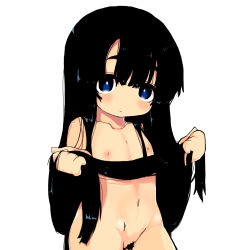 Rule 34 | 1girl, black hair, blue eyes, blush, female pubic hair, flat chest, highres, holding, holding hair, long hair, looking at viewer, nekodason, nude, original, pubic hair, simple background, solo, standing, very long hair, white background