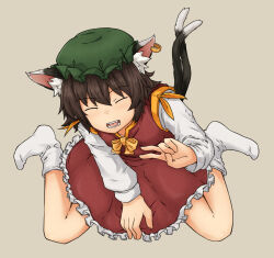 Rule 34 | 1girl, animal ear fluff, animal ear piercing, animal ears, between legs, breasts, brown hair, cat ears, chagamaka, chen, closed eyes, commentary request, dress, earrings, frills, from above, full body, gold trim, green hat, grey background, hand between legs, hand up, happy, hat, jewelry, light blush, long sleeves, mob cap, no shoes, open mouth, petticoat, red dress, short hair, simple background, single earring, sitting, small breasts, smile, socks, solo, teeth, tongue, touhou, wariza, white socks
