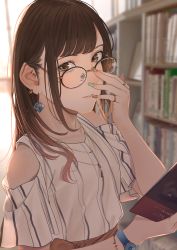 Rule 34 | 1girl, adjusting eyewear, bad id, bad twitter id, bare shoulders, blurry, blurry background, blush, book, bookshelf, brown eyes, brown hair, clothing cutout, earrings, glasses, hand up, highres, holding, holding book, indoors, jewelry, library, long hair, looking at viewer, mole, mole under eye, nail polish, necklace, original, parted lips, ring, saitou (lynx-shrike), shirt, short sleeves, shoulder cutout, solo, standing, white shirt