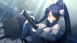 Rule 34 | 1girl, blue hair, bodysuit, breasts, fighting stance, floating hair, game cg, gijou mitsumi, gloves, headgear, holding, holding sword, holding weapon, katana, large breasts, long hair, looking at viewer, nitroplus, oosaki shin&#039;ya, parted lips, ponytail, raised eyebrows, serious, shoulder pads, solo, standing, sword, tokyo necro, upper body, weapon, yellow eyes