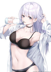 Rule 34 | 1girl, absurdres, artist name, black bra, black choker, black panties, blouse, blush, bottle, bra, bra strap, breasts, choker, cleavage, collarbone, grey eyes, hand in own hair, highres, holding, holding bottle, long hair, looking at viewer, maplestory, medium breasts, mole, mole under eye, navel, open clothes, open mouth, open shirt, panties, pasta (sanyan), shirt, silver hair, solo, standing, t-shirt, underwear, water bottle, white background, white shirt
