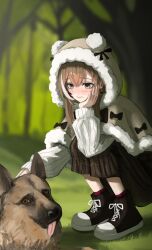 Rule 34 | 1girl, 1other, absurdres, animal hood, bear hood, berry, blurry, blurry background, blush, brown capelet, brown eyes, brown footwear, brown hair, brown skirt, capelet, crossed bangs, dog, earrings, failose, flustered, food-themed earrings, forest, fur trim, german shepherd, head rest, high tops, highres, hololive, hololive english, hood, jewelry, long hair, long skirt, multicolored hair, nanashi mumei, nanashi mumei (casual), nature, official alternate costume, petting, plaid, plaid skirt, pleated skirt, red socks, ribbon, shoes, skirt, sneakers, socks, squatting, streaked hair, sweater, virtual youtuber, white sweater