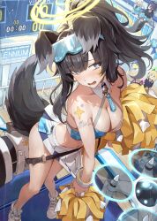 Rule 34 | 5girls, absurdres, animal ears, bare shoulders, black hair, blue archive, blue eyes, blush, breasts, cheerleader, cleavage, crop top, detached collar, dog ears, dog girl, dog tail, drone, eyewear on head, facial mark, goggles, goggles on head, halo, hibiki (blue archive), hibiki (cheer squad) (blue archive), highres, holding, holding pom poms, long hair, looking at viewer, medium breasts, midori (blue archive), millennium cheerleader outfit (blue archive), momoi (blue archive), multiple girls, navel, netural, noa (blue archive), official alternate costume, pom pom (cheerleading), pom poms, ponytail, scoreboard, shoes, skirt, sneakers, solo focus, star (symbol), star facial mark, star sticker, star tattoo, sticker on arm, sticker on face, tail, tattoo, text print, white skirt, wing collar, yellow halo, yuuka (blue archive)