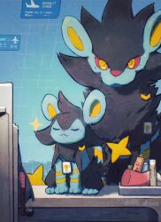 Rule 34 | :3, animal focus, arc draws, bottle, closed eyes, closed mouth, colored sclera, commentary request, creatures (company), game freak, gen 4 pokemon, highres, luxio, luxray, nintendo, pokemon, pokemon (creature), red sclera, sitting, smile, twitter username, yellow eyes, yellow pupils