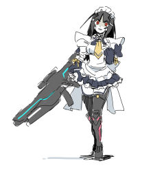 Rule 34 | 1girl, alternate costume, android, apron, black gloves, black hair, bow, crazy eyes, enmaided, gloves, gun, hand on own face, lisa (phantasy star online), lisa (pso2), looking at viewer, maid, maid apron, maid headdress, mecha musume, mitsumoto jouji, neckerchief, pale skin, phantasy star, phantasy star online 2, red eyes, simple background, sketch, solo, standing, thighhighs, weapon, white background, white thighhighs, zettai ryouiki