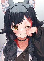Rule 34 | 1girl, alternate hairstyle, animal ear fluff, animal ears, black choker, black hair, black hoodie, blush, choker, closed mouth, crying, crying with eyes open, daichi (daichi catcat), flipped hair, happy tears, highres, hololive, hood, hoodie, low twintails, multicolored hair, ookami mio, ookami mio (casual), portrait, red hair, smile, solo, spiked hair, streaked hair, tears, twintails, two-tone hoodie, virtual youtuber, white hoodie, wiping tears, wolf ears, wolf girl, yellow eyes