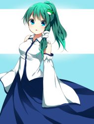 Rule 34 | 1girl, alternate hairstyle, blouse, blue eyes, breasts, detached sleeves, frog hair ornament, gradient background, green hair, hair ornament, highres, kochiya sanae, long hair, ominome, open mouth, ponytail, shirt, skirt, snake hair ornament, solo, touhou
