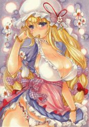 Rule 34 | 1girl, absurdres, adapted costume, alternate costume, apron, blonde hair, blush, bow, bra, bracelet, breasts, cameltoe, choker, cleavage, clothes lift, colored eyelashes, cowboy shot, dress, dress lift, flower, flower panties, flower request, frilled bra, frilled dress, frilled panties, frills, gradient background, hair between eyes, hair bow, hair in own mouth, hand in own hair, hat, hat bow, hat flower, hat ribbon, highres, jewelry, large breasts, long hair, looking at viewer, marker (medium), mob cap, mouth hold, open clothes, open dress, panties, pantyshot, pink apron, puffy short sleeves, puffy sleeves, purple background, purple dress, purple eyes, ribbon, shiny skin, short dress, short sleeves, sideways glance, solo, standing, thighs, touhou, traditional media, underwear, very long hair, waist apron, white bra, white panties, yakumo yukari, yurun