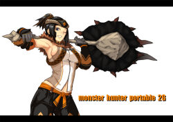 Rule 34 | 1girl, 23 (real xxiii), armpits, black hair, blango (armor), blue eyes, breasts, capcom, elbow gloves, gloves, huge weapon, large breasts, letterboxed, monster hunter (series), muscular, one eye closed, rajang (armor), solo, weapon, wink