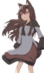 Rule 34 | 1girl, :3, animal ears, breasts, brooch, brown hair, commentary, dress, english commentary, feet out of frame, grey dress, imaizumi kagerou, jewelry, long hair, long sleeves, medium breasts, red eyes, simple background, smile, solo, standing, tail, touhou, very long hair, white background, wolf ears, wolf tail, wool (miwol)