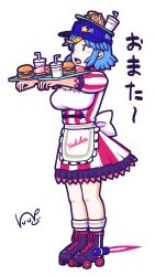 Rule 34 | 1girl, alternate costume, apron, back bow, balancing on head, black eyes, blue hair, bow, breasts, burger, cleavage, commentary request, contemporary, cup, disposable cup, dress, employee uniform, fast food, fast food uniform, food, french fries, full body, fuupo, hat, hat ornament, highres, holding, holding tray, jet engine, jiangshi, looking afar, medium breasts, miyako yoshika, ofuda, open mouth, outstretched arms, purple hat, red dress, roller skates, short hair, simple background, skates, solo, star (symbol), star hat ornament, striped clothes, striped dress, touhou, translated, tray, uniform, vertical-striped clothes, vertical-striped dress, visor cap, waist apron, white background, white bow, white dress, zombie pose
