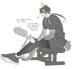 Rule 34 | 1boy, arknights, chong yue (arknights), commentary request, crossed ankles, cup, dragon boy, dragon horns, dragon tail, exercising, full body, gloves, greyscale, holding, holding cup, holding with tail, horns, jjeobjjeobdogta (wjqwjqehrxk), korean commentary, korean text, long hair, long tail, looking to the side, low ponytail, male focus, monochrome, multicolored hair, pointy ears, prehensile tail, puff of air, shirt, shoes, short sleeves, shorts, simple background, sitting, solo, sportswear, streaked hair, t-shirt, tail, translation request, weights, white background
