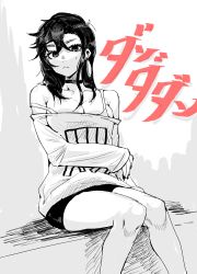 Rule 34 | 1girl, :&lt;, ayase momo, breasts, choker, cleavage, closed mouth, collarbone, commentary, copyright name, dandadan, dokunasubi, ear piercing, feet out of frame, greyscale, highres, knees together feet apart, looking at viewer, medium breasts, medium hair, monochrome, nail polish, off-shoulder shirt, off shoulder, piercing, shirt, short shorts, shorts, sitting, sleeves past wrists, solo, strap slip, sweatdrop