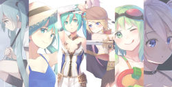 Rule 34 | 6+girls, ;p, ;q, alexmaster, blonde hair, breasts, character request, choker, cleavage, column lineup, goggles, goggles on head, green eyes, green hair, gumi, hat, hatsune miku, highres, ia (vocaloid), kagamine rin, multiple girls, one eye closed, simple background, smile, swimsuit, tongue, tongue out, vocaloid