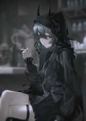 Rule 34 | 1girl, absurdres, black dress, black eyes, black shirt, black skirt, blurry, blurry background, cigarette, closed mouth, crossed legs, depth of field, dress, feet out of frame, from side, grey hair, hair between eyes, hand up, highres, holding, holding cigarette, hood, hood up, horns, indoors, long hair, long sleeves, looking at viewer, looking to the side, original, shiraishi kanoya, shirt, sitting, skirt, smoke, smoking, solo, thigh strap