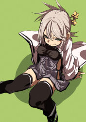 Rule 34 | 1girl, black thighhighs, blush stickers, boots, breasts, covered erect nipples, fang, fang out, fu-ta, green eyes, grey hair, hair between eyes, hakama, hakama skirt, japanese clothes, long hair, looking at viewer, oshiro project:re, ponytail, sitting, skirt, smile, solo, thighhighs
