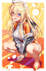 Rule 34 | 1girl, absurdres, between legs, blonde hair, blue eyes, blush, bodysuit, bottle, braid, breasts, embarrassed, floating hair ornament, goddess of victory: nikke, hair between eyes, hand between legs, have to pee, headgear, high heels, highres, holding, holding bottle, jacket, large breasts, long hair, long sleeves, looking at viewer, michairu, multicolored clothes, multicolored jacket, off shoulder, open clothes, open jacket, open mouth, orange bodysuit, orange footwear, own hands together, sidelocks, skin tight, solo, squatting, sweat, tears, tove (nikke), two-tone jacket, v arms