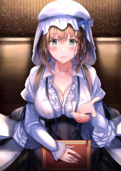 Rule 34 | 1girl, bonnet, book, bow, braid, breasts, brown hair, charlotte corday (fate), charlotte corday (second ascension) (fate), cleavage, dress, fate/grand order, fate (series), green eyes, highres, juliet sleeves, large breasts, long sleeves, puffy sleeves, solo, tsukasa tsubasa, unbuttoned