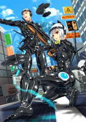 Rule 34 | 1boy, 1girl, absurdres, ano hito, barcode, barcode tattoo, building, bullpup, city, commentary request, cyborg, drone, gun, headset, highres, joints, looking at viewer, on one knee, original, red eyes, rifle, robot joints, science fiction, scope, sefirot, short hair, sign, skyscraper, submachine gun, tattoo, teeth, upper teeth only, weapon, weapon request, white hair