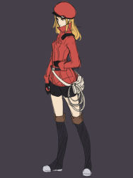 Rule 34 | 10s, 1girl, aerlai, black gloves, blonde hair, boots, brown eyes, creatures (company), full body, game freak, gloves, hat, jacket, knee boots, nintendo, npc trainer, pokemon, pokemon ranger (pokemon), pokemon xy, shorts, simple background, sketch, solo