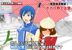 Rule 34 | blue hair, interview, kaito (vocaloid), meiko (vocaloid), meme, snow, special feeling (meme), spring onion, translation request, umbrella, vocaloid