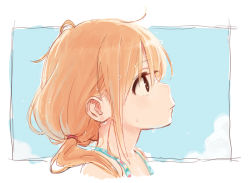 Rule 34 | 1girl, bare shoulders, blonde hair, brown eyes, cloud, commentary request, expressionless, fugo, futaba anzu, idolmaster, idolmaster cinderella girls, long hair, low twintails, profile, sketch, sky, solo, sweat, twintails, upper body