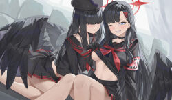 Rule 34 | 2girls, absurdres, akipopopopoon, armband, black choker, black gloves, black hair, black serafuku, black shirt, black skirt, black wings, blue archive, blue eyes, breasts, choker, closed mouth, clothes lift, gloves, hair ornament, hair over eyes, hairclip, halo, highres, ichika (blue archive), justice task force member (blue archive), lifted by self, long hair, looking at viewer, medium breasts, multiple girls, navel, neckerchief, one eye closed, pleated skirt, red armband, red halo, red neckerchief, school uniform, serafuku, shirt, shirt lift, sitting, skirt, smile, thighs, underboob, wings