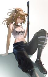 Rule 34 | 1girl, absurdres, animal ear fluff, animal ears, arknights, arm support, bare arms, bare shoulders, black footwear, black pants, blush, breasts, brown eyes, brown hair, cleavage, closed mouth, commentary request, dizzen, gradient background, grey background, highres, holding, knee up, lion ears, looking at viewer, medium breasts, mouth hold, navel, pants, ponytail, shoes, siege (arknights), solo, tank top, white background, white tank top