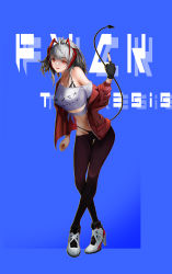 Rule 34 | 1boy, absurdres, ahoge, arknights, black gloves, black pants, blue background, chinese commentary, commentary request, crop top, demon tail, fingerless gloves, full body, gloves, high heels, highres, jacket, leaning forward, long sleeves, looking at viewer, medium hair, middle finger, midriff, multicolored hair, navel, off shoulder, pants, parted lips, red eyes, red hair, red jacket, shirt, shoes, silver hair, simple background, single glove, solo, standing, streaked hair, tail, thong, tight clothes, tight pants, two-tone hair, w (arknights), weiss0306, white footwear, white shirt