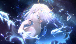 Rule 34 | 1girl, breasts, chromatic aberration, commentary, english commentary, finger to cheek, fish, from side, halo, highres, kaze-hime, long hair, looking at viewer, looking back, nude, original, parted lips, purple eyes, qinni (artist), sky, solo, star (sky), starry sky, tears, upper body, water drop, white hair