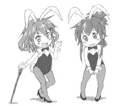 Rule 34 | 2girls, animal ears, bow, bowtie, bunny day, cane, commentary request, detached collar, fang, folded ponytail, greyscale, ikazuchi (kancolle), inazuma (kancolle), kantai collection, leotard, long hair, looking at viewer, monochrome, multiple girls, pantyhose, playboy bunny, rabbit ears, rabbit tail, short hair, standing, strapless, strapless leotard, tail, white background, wrist cuffs, zatsu (zasshu neko)