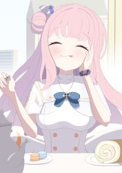 Rule 34 | absurdres, animated, blue archive, blue bow, blue bowtie, blue sky, bow, bowtie, building, cake, closed eyes, cuffs, desk, dress, eating, food, fork, hands up, highres, kettle, long hair, macaron, mika (blue archive), plate, ringoame (84529837), school uniform, sitting, sky, straight hair, swiss roll, tongue, tongue out, video, white dress