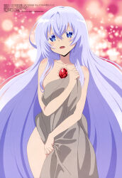 Rule 34 | 1girl, absurdres, bare shoulders, bed sheet, blue eyes, blue hair, chest jewel, collarbone, copyright name, covering privates, embarrassed, eyebrows hidden by hair, eyes visible through hair, feet out of frame, gem, groin, hair between eyes, highres, light blue hair, light blush, long bangs, long hair, looking afar, luna (saikyou tank), megami magazine, neck, no bra, no panties, no pants, nude cover, official art, open mouth, pink background, red gemstone, saikyou tank no meikyuu kouryaku ~tairyoku 9999 no rare skill-mochi tank yuusha party wo tsuihou sareru~, shy, solo, standing, very long hair