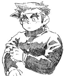Rule 34 | 1boy, blush, child, expressionless, forked eyebrows, gakuran, gloves, greyscale, headband, long sideburns, looking down, male focus, monochrome, school uniform, short hair, sideburns, solo, takeda nobuharu, thick eyebrows, tokyo houkago summoners, white background