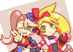 Rule 34 | 3girls, blonde hair, blush stickers, breasts, call (mighty no. 9), call e, call f, call h, chibi, chibi inset, flat chest, flying sweatdrops, fringe trim, garrison cap, green eyes, hat, headphones, locked arms, long hair, magma chipmunk, mighty no. 9, multicolored hair, multiple girls, multiple persona, necktie, one eye closed, pink hair, side ponytail, small breasts, twintails, two-tone hair, v, wink