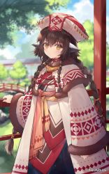 Rule 34 | 1girl, ainu clothes, animal ears, anju (utawarerumono), aquaplus, blue sky, blurry, blush, braid, branch, breasts, bridge, brown eyes, brown hair, closed mouth, cloud, cloudy sky, coat, dress, fence, from side, gradient eyes, gradient hair, grass, hair between eyes, hair ornament, hair over shoulder, hat, highres, jewelry, light particles, long hair, long sleeves, looking at viewer, multicolored eyes, multicolored hair, necklace, necomi, official art, raised eyebrows, river, sash, sidelocks, sky, small breasts, smile, solo, standing, tree, tree shade, utawarerumono, utawarerumono: itsuwari no kamen, utawarerumono: lost flag, very long hair, water, wide sleeves