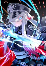 Rule 34 | 1girl, absurdres, armor, armored skirt, azur lane, black coat, black hat, blue eyes, breastplate, coat, coat on shoulders, hair over one eye, hat, highres, holding, holding sheath, holding sword, holding weapon, long hair, looking at viewer, magic, military hat, multicolored hair, odin (azur lane), open clothes, open coat, peaked cap, red hair, sheath, solo, streaked hair, sword, take yaki, two-tone hair, unsheathing, upper body, weapon, white hair, wing collar