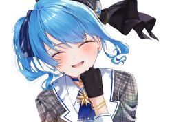 Rule 34 | 1girl, absurdres, ascot, beret, blue hair, bracelet, choker, closed eyes, ear piercing, gloves, hat, highres, hololive, hoshimachi suisei, hoshimachi suisei (1st costume), jewelry, open mouth, partially fingerless gloves, piercing, plaid, plaid shirt, shirt, side ponytail, simple background, smile, solo, upper body, virtual youtuber, white background, yuuyu (moco20111115)