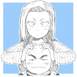 Rule 34 | 1boy, 1girl, android 18, bald, blue theme, dragon ball, dragonball z, earrings, hands on another&#039;s head, jewelry, kuririn, monochrome, nitioku, short hair, simple background, single earring, wavy mouth