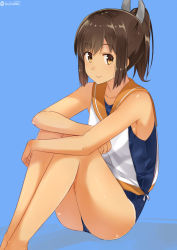 Rule 34 | 10s, 1girl, bare shoulders, blue background, brown eyes, brown hair, from side, i-401 (kancolle), isshiki (ffmania7), kantai collection, one-piece swimsuit, ponytail, sailor collar, school swimsuit, school uniform, serafuku, short hair, simple background, sitting, smile, swimsuit, swimsuit under clothes, tan