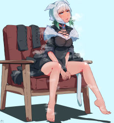 Rule 34 | 1girl, animal ears, bare legs, barefoot, breasts, cat ears, cat tail, chair, cleavage, exhausted, feather hair ornament, feathers, final fantasy, final fantasy xiv, fur collar, grey hair, hair ornament, highres, unworn legwear, lqigwhr7eydrns2, miqo&#039;te, short hair, solo, spread legs, square enix, steaming body, sweat, tail, y&#039;shtola rhul