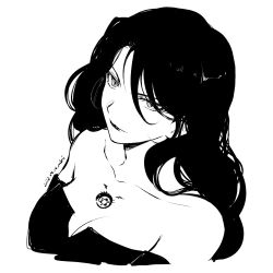 Rule 34 | 1girl, 2022, black lips, breasts, cleavage, collarbone, cropped torso, dated, fullmetal alchemist, greyscale, hair between eyes, highres, long hair, lust (fma), medium breasts, mini (pixiv6327751), monochrome, sketch, solo, straight hair, strapless, upper body