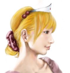 1girl blonde_hair blue_eyes crown dotechin female_focus hair_bobbles hair_ornament lips mario_(series) nintendo princess_peach profile realistic solo tiara white_background