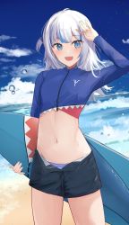 Rule 34 | 1girl, beach, blue eyes, cloud, cowboy shot, gawr gura, highres, holding, holding behind back, hololive, hololive english, looking at viewer, multicolored hair, navel, no tail, open fly, open mouth, panties, sharp teeth, shorts, shuuzo3, sky, solo, stomach, streaked hair, surfboard, teeth, underwear, virtual youtuber, white hair
