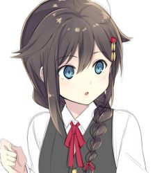 Rule 34 | 10s, 1girl, :o, ahoge, alternate costume, black hair, blue eyes, braid, buttons, dress shirt, hair flaps, hair ornament, hair over shoulder, hair ribbon, kantai collection, long sleeves, looking to the side, red ribbon, ribbon, shigure (kancolle), shigure kai ni (kancolle), shirt, simple background, single braid, solo, upper body, vest, white background, yukichi (eikichi)