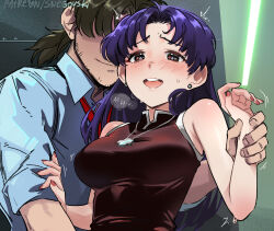 Rule 34 | 1boy, 1girl, :d, blush, breasts, brown dress, collared shirt, dress, grey shirt, holding another&#039;s wrist, jewelry, kaji ryouji, katsuragi misato, large breasts, long hair, necklace, necktie, neon genesis evangelion, open mouth, parted bangs, red necktie, sexually suggestive, shirt, short sleeves, smile, snegovski, teeth, upper body, upper teeth only, watermark, web address