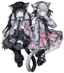 Rule 34 | 2girls, absurdres, animal ears, belt, black footwear, black hair, black necktie, black ribbon, black skirt, black thighhighs, boots, bow, cat ears, cat girl, cat tail, closed mouth, clothing cutout, collar, dress, finger to own chin, fishnet pantyhose, fishnets, frilled dress, frilled sleeves, frilled thighhighs, frills, full body, grey hair, hair ribbon, hand up, heart cutout, highres, invisible chair, jacket, jewelry, jirai kei, long hair, long sleeves, looking at viewer, multiple girls, necktie, original, pantyhose, pink eyes, pink jacket, pink skirt, platform footwear, ribbon, ring, shirt, short hair, sidelocks, simple background, sitting, skirt, tail, tekito midori, thigh belt, thigh strap, thighhighs, twintails, white background, zipper
